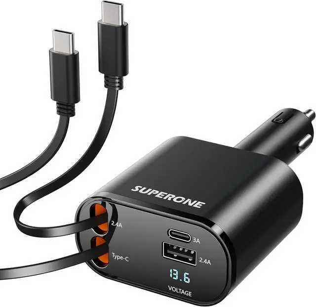 Main image of SUPERONE Retractable Car Charger for iPhone with Dual Type C Cables, 4 in 1 USB C Car Charger Adapter with PD 60W Fast Charging Compatible with iPhone 16 15 14 13 12 11 Pro/XS/XR/SE/iPad/Airpods