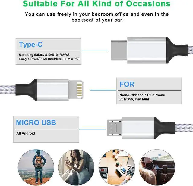 Alt view image 2 of 7 - Multi 3 in 1 USB Long iPhone Charging Cable, 1.8M/5.9Ft Nylon Braided Universal Phone Charger Cord USB C/Micro USB/Lightning Connector Adapter for Android/Apple/Samsung/LG/Pixel/Huawei/XiaoMi(Gray)