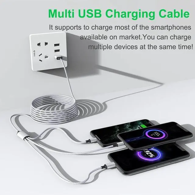 Alt view image 3 of 7 - Multi 3 in 1 USB Long iPhone Charging Cable, 1.8M/5.9Ft Nylon Braided Universal Phone Charger Cord USB C/Micro USB/Lightning Connector Adapter for Android/Apple/Samsung/LG/Pixel/Huawei/XiaoMi(Gray)