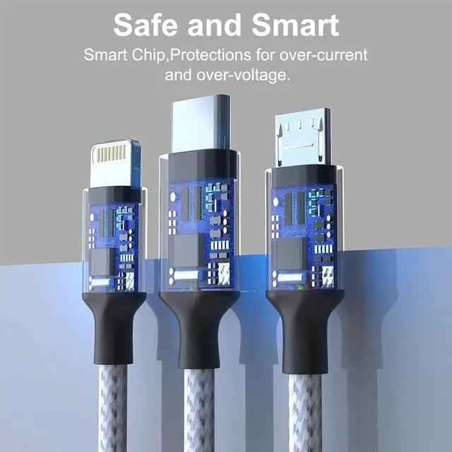 Alt view image 5 of 7 - Multi 3 in 1 USB Long iPhone Charging Cable, 1.8M/5.9Ft Nylon Braided Universal Phone Charger Cord USB C/Micro USB/Lightning Connector Adapter for Android/Apple/Samsung/LG/Pixel/Huawei/XiaoMi(Gray)
