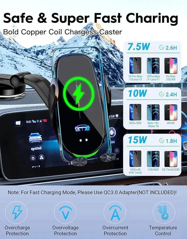 Alt view image 4 of 7 - Wireless Car Charger Mount, Fast Charging Auto Clamping 15W Intelligent Dual Control Induction Car Phone Holder Mount Wireless Charging Compatible with All iPhone Android Smartphone