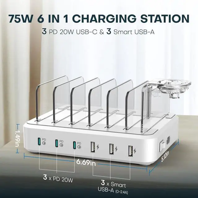 Alt view image 4 of 6 - Charging Station for Multiple Devices,75W 6 Port Multi USB C Fast Charger Station with 7 Mixed Charging Cables,USB Charging Dock Compatible with iPhone, Samsung, iPad, Tablet and More