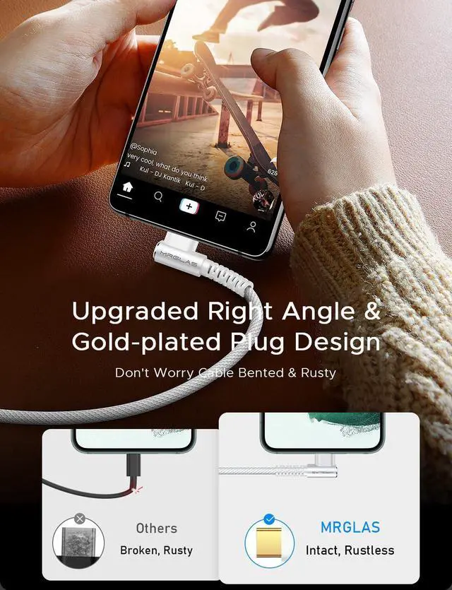 Alt view image 3 of 6 - MRGLAS USB C to USB C Cable 60W 3.2A [2-Pack, 6.6+6.6FT] Type C Cable Right Angle Gold-Plated Nylon Braided Cord for iPhone 16 Pro Max 15 Plus Samsung S25 S24 S23 S22 iPad Pro MacBook