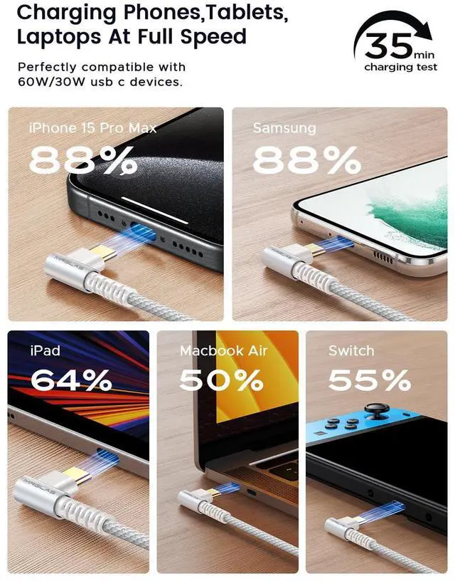 Alt view image 4 of 6 - MRGLAS USB C to USB C Cable 60W 3.2A [2-Pack, 6.6+6.6FT] Type C Cable Right Angle Gold-Plated Nylon Braided Cord for iPhone 16 Pro Max 15 Plus Samsung S25 S24 S23 S22 iPad Pro MacBook