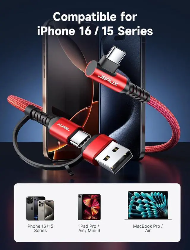 Alt view image 2 of 7 - 100W USB C Cable [2-Pack 10FT] Right Angle USB C to USB C Fast Cord with USB A to C Adapter Compatible with iPhone 16/16 Plus/ 16 Pro/ 16 Pro Max iPhone 15  MacBook iPad - Red