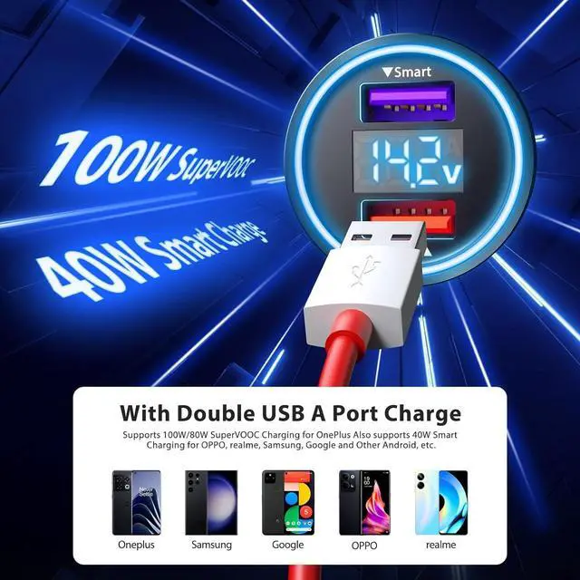 Alt view image 2 of 7 - Car Charger for SuperVOOC 100W 80W for OnePlus 13 13R 12R 12 11 10t 10 Pro, 65W Warp Charger for OnePlus Nord N30 N100 Open Pad 9 Pro 8 7T 6T 6 LED Display Dual USB Car Charge Adapter 3.3FT Fast Cable