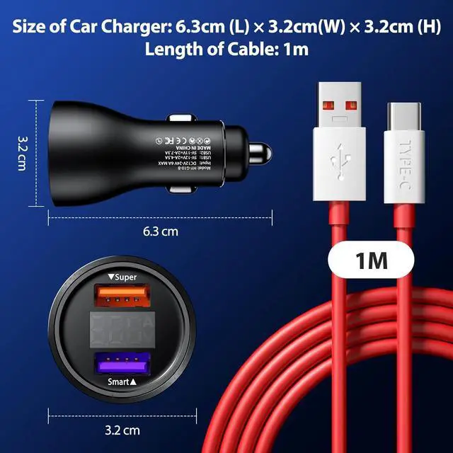 Alt view image 5 of 7 - Car Charger for SuperVOOC 100W 80W for OnePlus 13 13R 12R 12 11 10t 10 Pro, 65W Warp Charger for OnePlus Nord N30 N100 Open Pad 9 Pro 8 7T 6T 6 LED Display Dual USB Car Charge Adapter 3.3FT Fast Cable