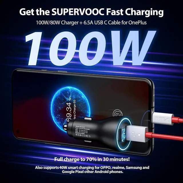 Alt view image 6 of 7 - Car Charger for SuperVOOC 100W 80W for OnePlus 13 13R 12R 12 11 10t 10 Pro, 65W Warp Charger for OnePlus Nord N30 N100 Open Pad 9 Pro 8 7T 6T 6 LED Display Dual USB Car Charge Adapter 3.3FT Fast Cable
