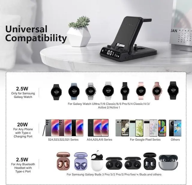 Alt view image 3 of 7 - 25W USB C Fast Charging Station for  701S Foldable 3 in 1 Charging Dock Stand for Galaxy S25/S24/Z Flip 7/Fold 7/A56/A36/USB C Buds Charger for  Galaxy Watch Ultra/8/7/6/5