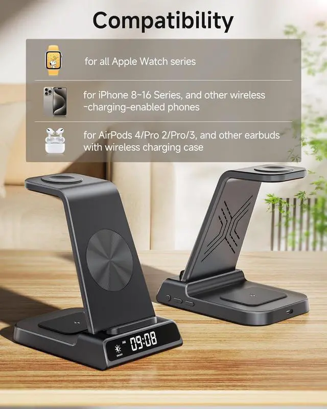 Alt view image 3 of 7 - Wireless Charger for iPhone 16, 3 in 1 Charging Station for Apple Watch Watch 10/9/8/7/6/5, Ultra 2/Ultra, for iPhone 16/15/14/13/12/11/X Series, for Air Pods 4/Pro 2/3/Pro (No Adapter)