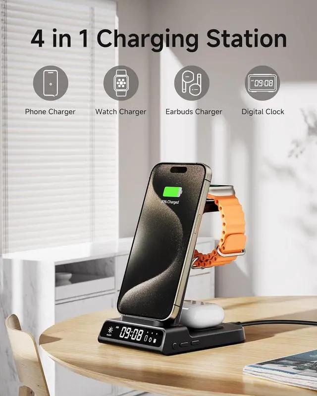 Alt view image 2 of 7 - Wireless Charger for iPhone 16, 3 in 1 Charging Station for Apple Watch Watch 10/9/8/7/6/5, Ultra 2/Ultra, for iPhone 16/15/14/13/12/11/X Series, for Air Pods 4/Pro 2/3/Pro (No Adapter)
