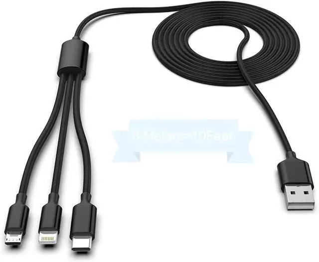 Main image of Multi 3 in 1 USB Long iPhone Charging Cable, 3M/10Ft Nylon Braided Universal Phone Charger Cord USB C/Micro USB/Lightning Connector Adapter for Android/Apple/Samsung/LG/Pixel/Huawei/XiaoMi(Black)