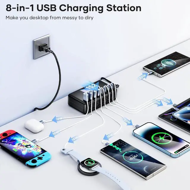 Alt view image 2 of 7 - USB C Charger, slitinto 152W 8-Port Charging Station for Multiple Devices, Multi Charger Station with 4 USB-C & 4 USB-A, Fast Charger for iPhone 15/14/13/12, Samsung S23/S22/S21, Tablet, Desktop