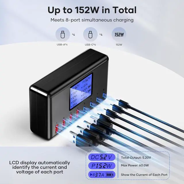 Alt view image 3 of 7 - USB C Charger, slitinto 152W 8-Port Charging Station for Multiple Devices, Multi Charger Station with 4 USB-C & 4 USB-A, Fast Charger for iPhone 15/14/13/12, Samsung S23/S22/S21, Tablet, Desktop