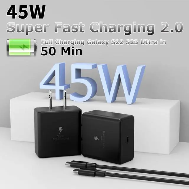 Alt view image 2 of 7 - 2Pack 45W USB-C Charger, 45 Watt USB C Charger, Super Fast Charger with 6.6FT USB Type C Cable for Samsung Galaxy S24 S23 Ultra/S23+/S22 Ultra/S22+/S22/S20/Note 10/20/Z Fold (6.6FT-2Pack)