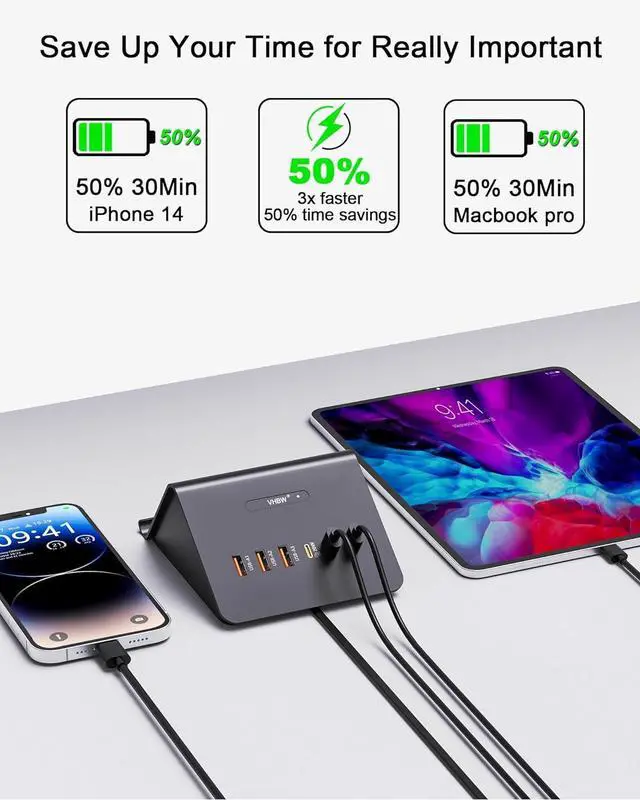 Alt view image 2 of 7 - Multi-Device Charging Station, 100W GaN 6-Port USB C Charger Hub with 45W PD Wall Adapter & 15W Wireless Charger. Compatible with iPhone, iPad, Samsung & Laptops. Fast & Efficient (100W-Black)