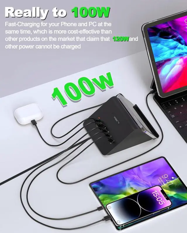 Alt view image 4 of 7 - Multi-Device Charging Station, 100W GaN 6-Port USB C Charger Hub with 45W PD Wall Adapter & 15W Wireless Charger. Compatible with iPhone, iPad, Samsung & Laptops. Fast & Efficient (100W-Black)