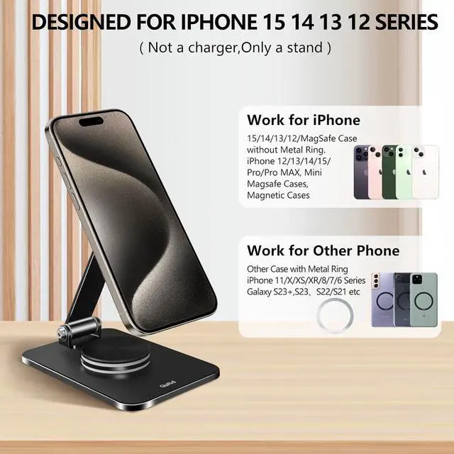 Alt view image 6 of 7 - Magnetic Phone Stand Compatible with MagSafe for iPhone 16, Foldable Cell Phone Stand for Desk with 360°Rotation Base, Compatible for MagSafe Case and iPhone 16 15 14 13 12 Series