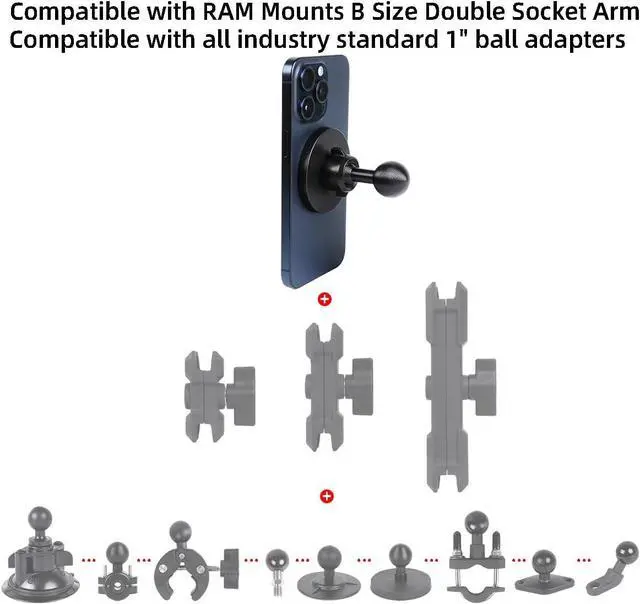 Alt view image 4 of 7 - Super Magnetic Cell Phone Holder Base with 1" Ball for MagSafe iPhone 15 14 13 12 Series,Compatible with RAM mounts and Other B Size Ball Double Socket Arm
