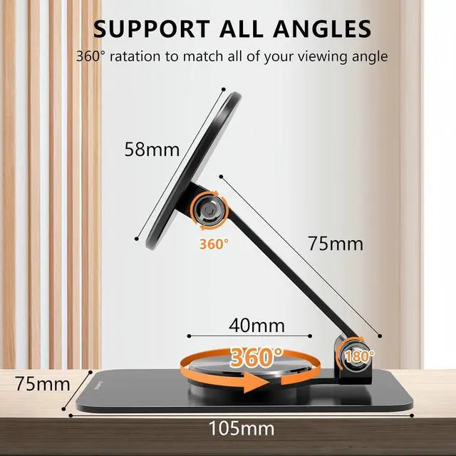 Alt view image 3 of 7 - Magnetic Phone Stand Compatible with MagSafe for iPhone 16, Foldable Cell Phone Stand for Desk with 360°Rotation Base, Compatible for MagSafe Case and iPhone 16 15 14 13 12 Series