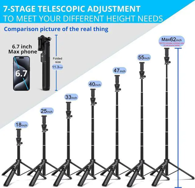 Alt view image 2 of 7 - BZE 62 inches Extendable Selfie Stick Tripod with Wireless Remote & Phone Holder, Portable Aluminum Alloy 3 in 1 Stand for Group Photos, Vlogging & Travel Compatible with All Smartphones