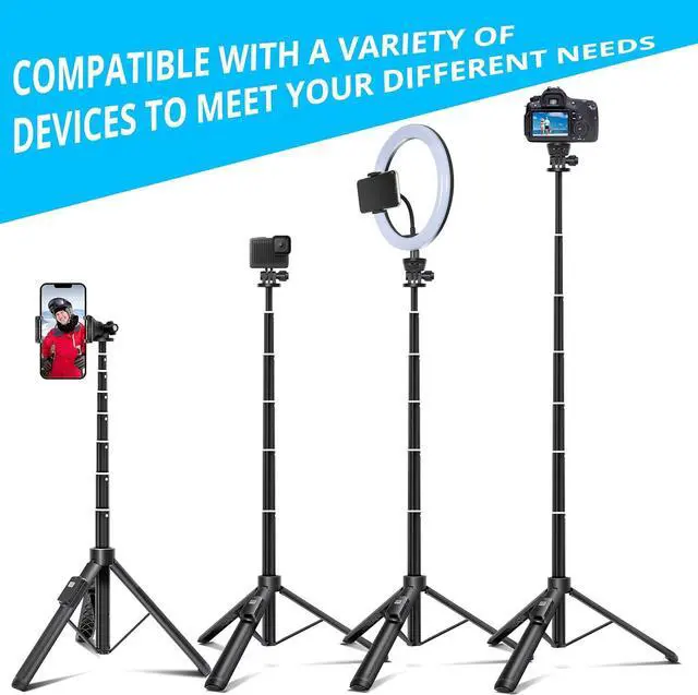 Alt view image 3 of 7 - BZE 62 inches Extendable Selfie Stick Tripod with Wireless Remote & Phone Holder, Portable Aluminum Alloy 3 in 1 Stand for Group Photos, Vlogging & Travel Compatible with All Smartphones