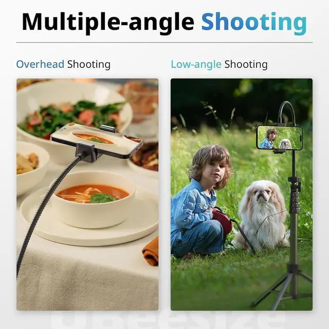 Alt view image 3 of 6 - UBeesize 88 Flexible Phone Tripod with 14.95 Gooseneck, Remote and Phone Holder, Overhead Cell Phone StandSelfie Stick for Video Recording, Compatible with iPhone Android Phone, Camera Black