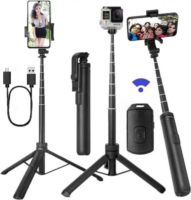 Main image of 66" Tripod for iPhone & Camera, Portable Phone Tripod with Rechargeable Remote Control and Rotate Phone Stand, Selfie Stick for iPhone/Gopro and Cameras (Black, 66 in)