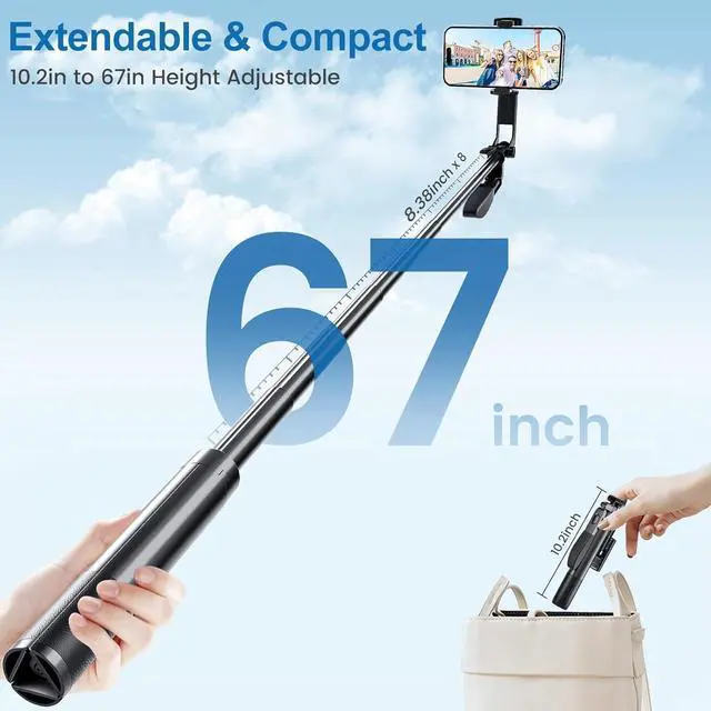 Alt view image 3 of 7 - Marchpower 67'' Tripod for Cell Phone, Selfie Stick for iPhone Android with Remote and Light, Panoramic Photography Portable Travel Tripod for Video Recording/Live Streaming/Photography/Vlog