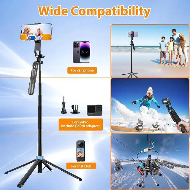 Alt view image 6 of 7 - Eocean 71" Tall Selfie Stick Tripod Quadripod with Remote & with 360° Ballhead, Aluminum Alloy Extendable Cell Phone Tripod Stand, Travel Tripod Phone Holder Compatible with iPhone/Android/GoPro