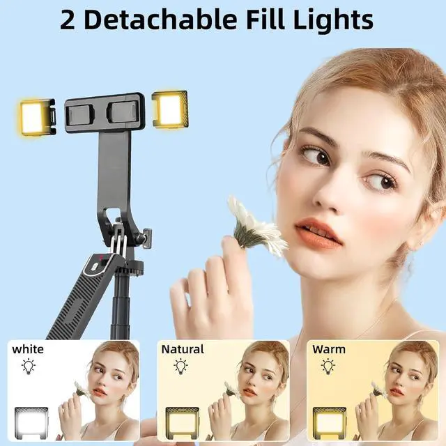 Alt view image 2 of 7 - WOVTE 71" Selfie Stick with 2 Lights, Extendable Stand for iPhone, Selfie Stick with Remote, Portable Phone Tripod for Cell Phone Compatible with iPhone/Android, Camera & GoPro
