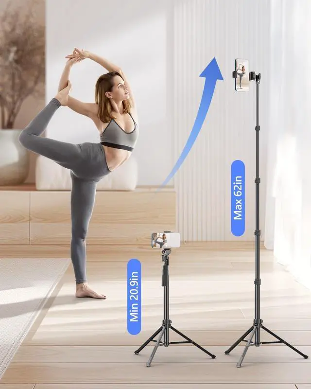 Alt view image 2 of 7 - EMART 62 Cell Phone Tripod Stand, Adjustable Floor Cellphone Tri Pod Holder with Remote for iPhone and Android, Portable Compact Smartphone Selfie Stick for Video Recording Camera Ring Light Filming
