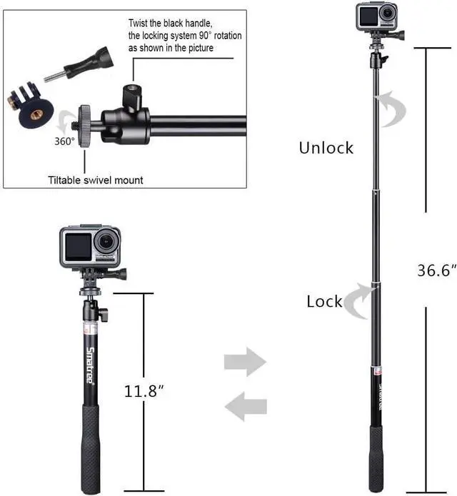 Alt view image 3 of 7 - Smatree Telescoping Selfie Stick with Tripod Compatible for GoPro Hero 13/12/11/10/9/8/7/6/5/Insta360, for OSMO 5 Pro4/3/Ricoh Theta, Compact Camera and Phone
