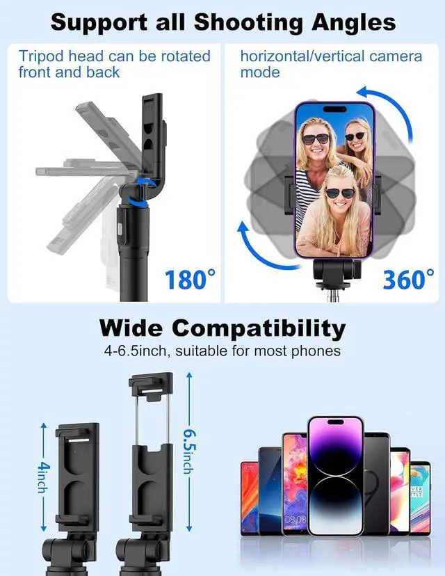 Alt view image 5 of 6 - Selfie Stick Tripod with Remote, Phone Tripod with Extendable Phone Holder, Portable Selfie StickTripod for iPhone Android TikTok YouTube Vlog