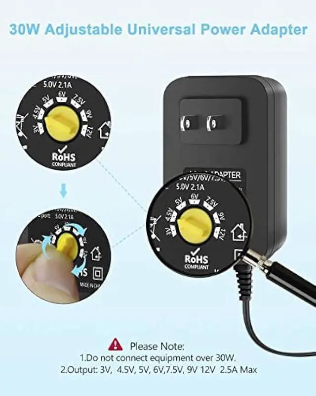 Alt view image 3 of 7 - Aclorol Universal Power Adapter 30W 12V 9V 7.5V 6V 5V 4.5V 3V Adjustable Variable Power Supply AC/DC Adapter Converter Switching 100V-240V AC to DC 3V-12V with Polarity Converter & 14 Tips
