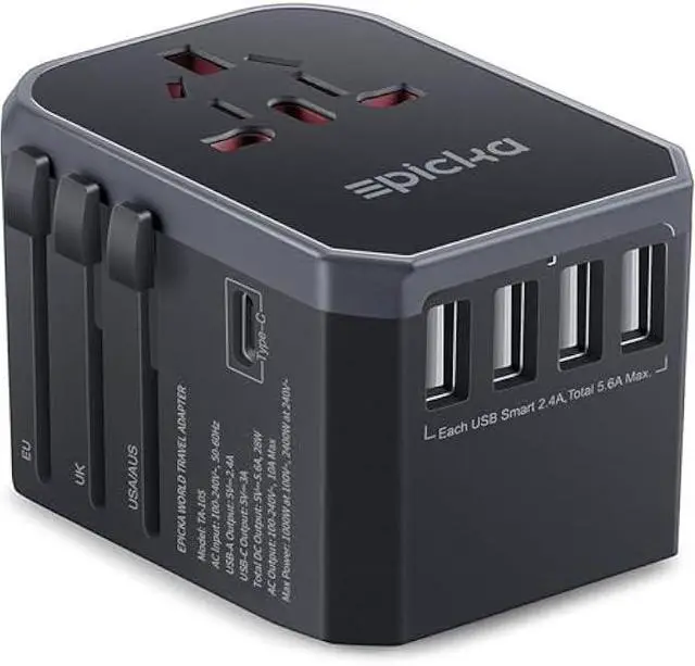 Main image of EPICKA Universal Travel Adapter, European Travel Plug Adapter - International Power Adapter Worldwide Charger with USB-C & 4 USB Ports, Travel Essentials for Italy, Japan, Europe, UK (TA-105, Grey)