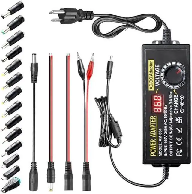 Main image of 108W Universal Power Supply Adjustable DC 9~36V 3A Variable Switching Power AC/DC Adapter 9V 12V 15V 18V 20V 24V 36V Adapter100V-240V AC to DC Converter with 14 Tips & Polarity Converter & Test Leads