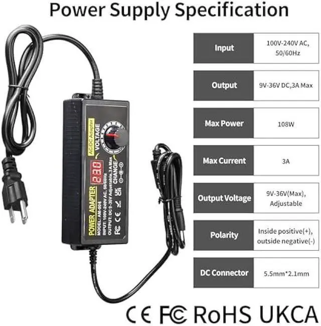 Alt view image 2 of 7 - 108W Universal Power Supply Adjustable DC 9~36V 3A Variable Switching Power AC/DC Adapter 9V 12V 15V 18V 20V 24V 36V Adapter100V-240V AC to DC Converter with 14 Tips & Polarity Converter & Test Leads