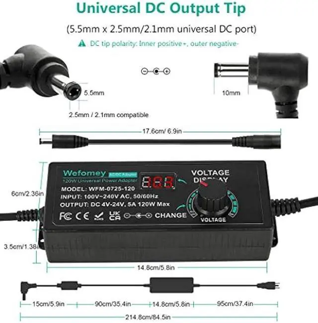 Alt view image 5 of 7 - 120W Universal Power Supply Adjustable DC 3V ~ 24V Variable Switching AC/DC Adapter 100V-240V AC to DC 24V 5A Converter with 14 Tips & Polarity Converter - 5000mA Max