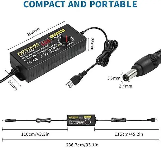 Alt view image 5 of 6 - Adjustable Power Supply 3V~24V 5A 120W Universal 100V-240V AC/DC Power Adapter Converter 8V 12V 15V 18V 19V 20V 24V Power Supply with 14 DC Tips&Polarity Converter for LED Strip Light Printer Speaker