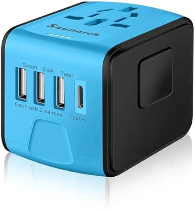 Main image of Travel Adapter Worldwide, Universal International Power Plug Adapter W/2.4A 3xUSB-A and 3.0A Type-C Wall Charger, European Travel Plug Adapter for Europe UK EU US CA AU Italy Asia-Blue