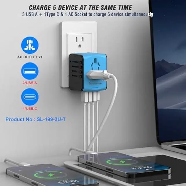 Alt view image 2 of 5 - Travel Adapter Worldwide, Universal International Power Plug Adapter W/2.4A 3xUSB-A and 3.0A Type-C Wall Charger, European Travel Plug Adapter for Europe UK EU US CA AU Italy Asia-Blue