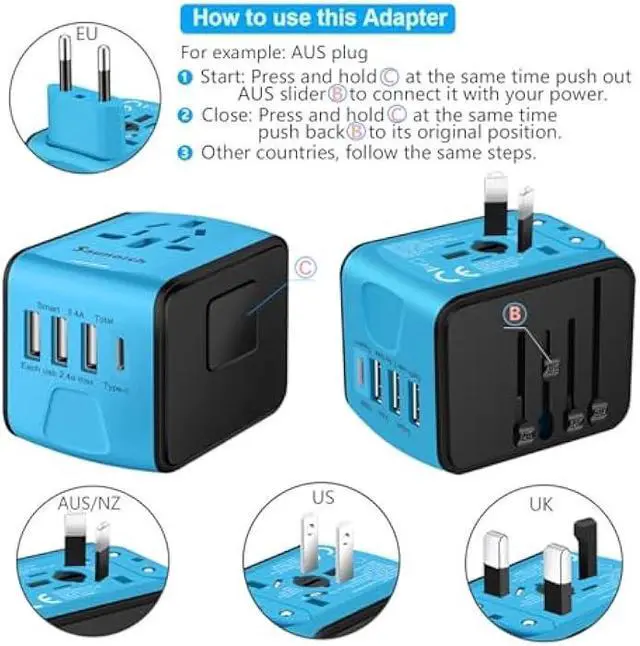 Alt view image 5 of 5 - Travel Adapter Worldwide, Universal International Power Plug Adapter W/2.4A 3xUSB-A and 3.0A Type-C Wall Charger, European Travel Plug Adapter for Europe UK EU US CA AU Italy Asia-Blue