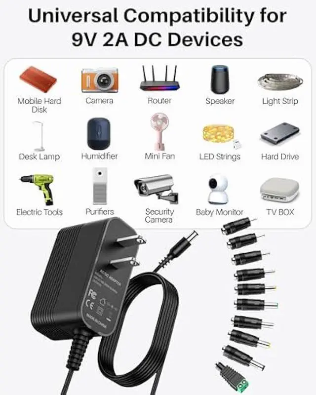 Alt view image 2 of 7 - 9V Power Supply DC Power Cord 9V 2A Power Adapter with 10 Interchangeable Jacks Switching Charger Compatible with 2000mA 1500mA 1000mA 900mA 850mA 800mA 700mA 600mA 500mA Universal Electronics