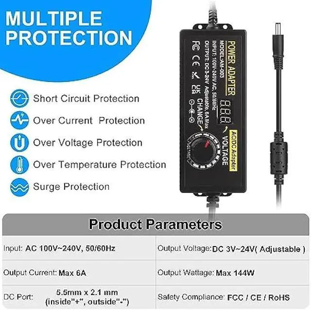 Alt view image 2 of 5 - Universal Power Supply, Auplf Adjustable 24V 6A 144W Adapter, AC 100V-240V to DC 3V-24V Variable Power Supply Converter Transformer with 14 Tips