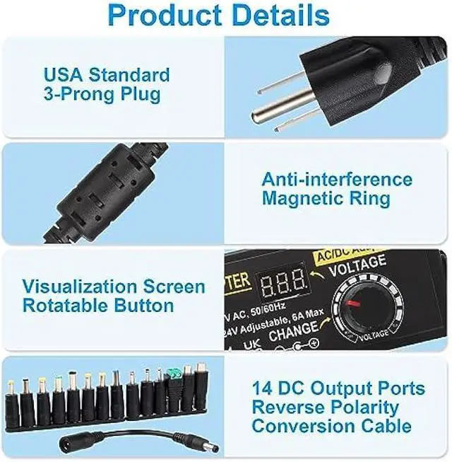 Alt view image 5 of 5 - Universal Power Supply, Auplf Adjustable 24V 6A 144W Adapter, AC 100V-240V to DC 3V-24V Variable Power Supply Converter Transformer with 14 Tips