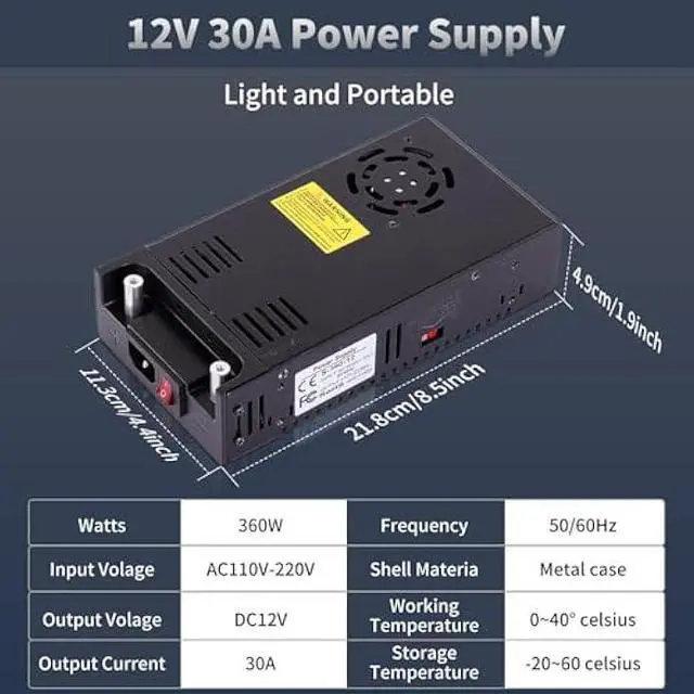 Alt view image 2 of 5 - DC 12V 30A 360W Power Supply Switch 110V/220 AC to 12V DC Converter PSU SMPS Adapter Adjustable Universal Transformer for RV, Radio/Car Stereos, LED Strip, CCTV, Computer Project, 3D Printer