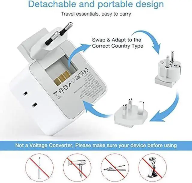 Alt view image 4 of 6 - TESSAN All European UK Travel Plug Adapter Kit, International Detachable Converter with 3 Outlet 3 USB Charger (1 USB C), Type C/G/E/F EU Ireland Power Adaptor, US to Europe Italy Spain France Greece