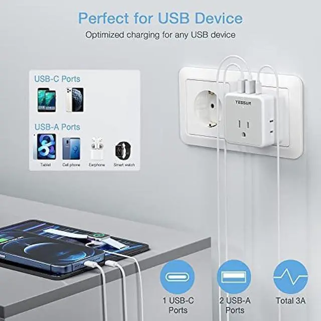 Alt view image 5 of 6 - TESSAN All European UK Travel Plug Adapter Kit, International Detachable Converter with 3 Outlet 3 USB Charger (1 USB C), Type C/G/E/F EU Ireland Power Adaptor, US to Europe Italy Spain France Greece