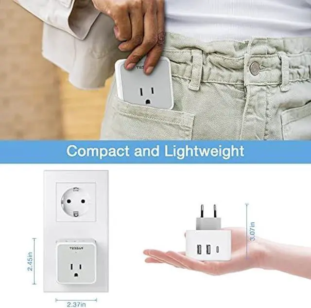 Alt view image 6 of 6 - TESSAN All European UK Travel Plug Adapter Kit, International Detachable Converter with 3 Outlet 3 USB Charger (1 USB C), Type C/G/E/F EU Ireland Power Adaptor, US to Europe Italy Spain France Greece
